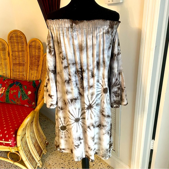 Sacred Threads TIE DYE Boho Brown Woven Rayon Tie Dye Off Shoulder Dress. Medium - Picture 5 of 14